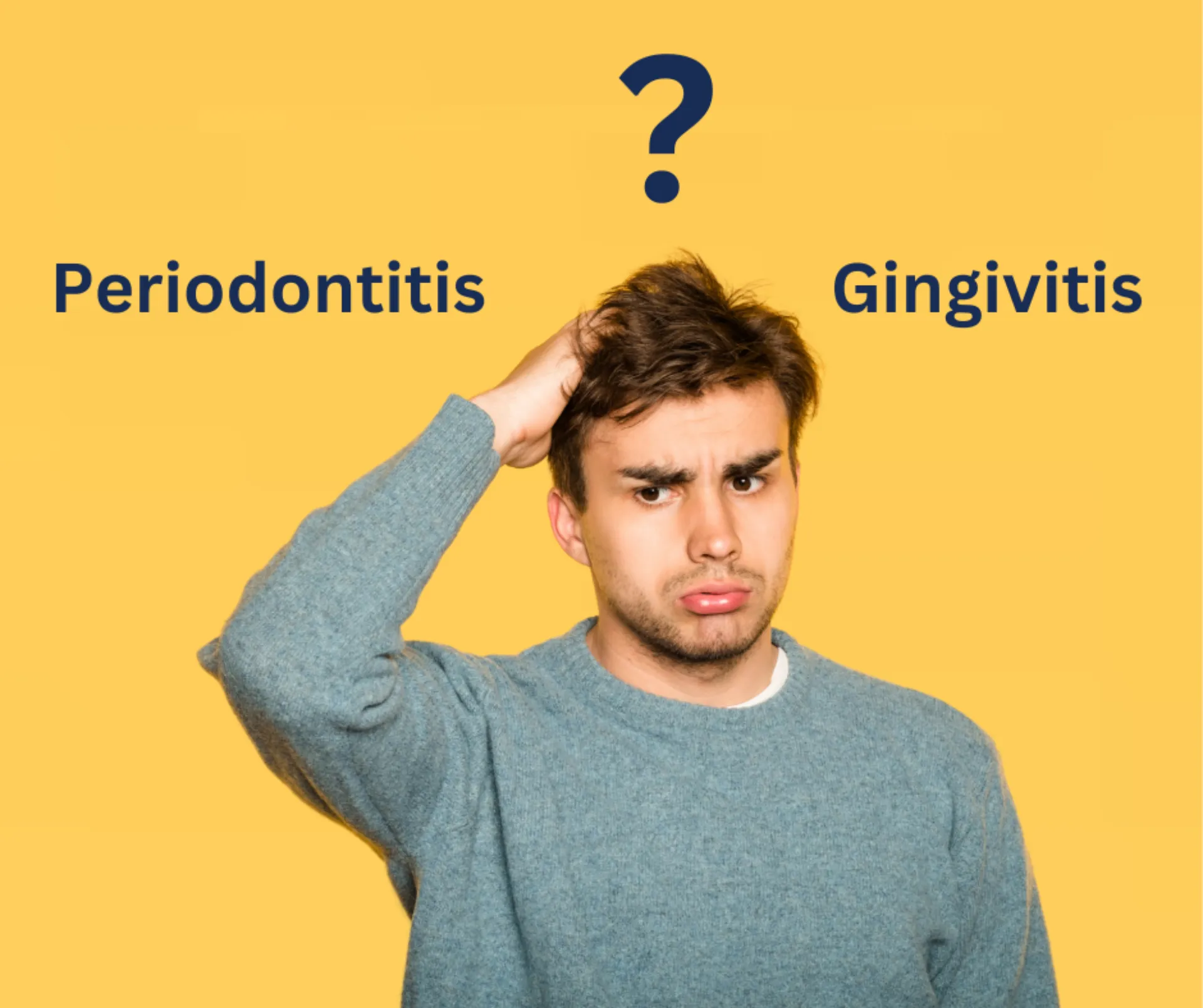 Illustration of a confused man shrugging with 'Gingivitis' on one side and 'Periodontitis' on the other, symbolizing uncertainty about gum disease.