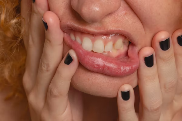 a close-up shot of a person's contorted mouth
